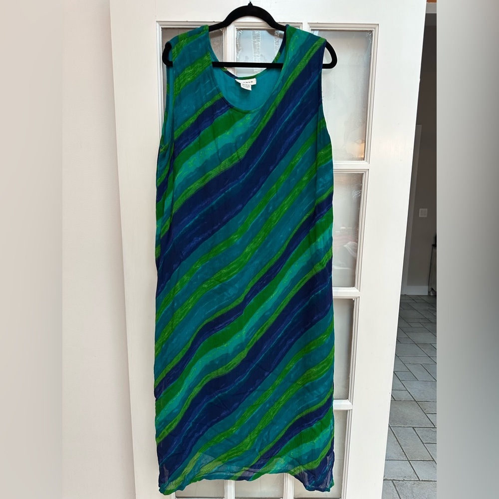 Avenue Teal Blue Green Watercolor Sleeveless Midi Dress Womens Plus Size 18 / 20